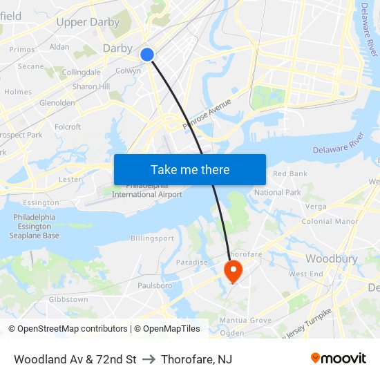 Woodland Av & 72nd St to Thorofare, NJ map