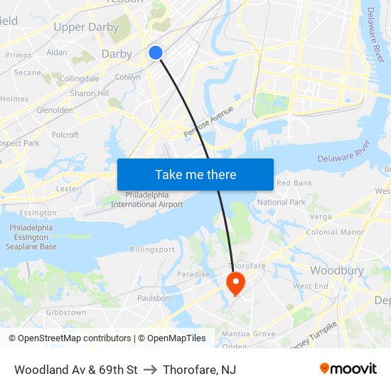 Woodland Av & 69th St to Thorofare, NJ map