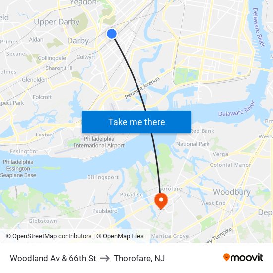 Woodland Av & 66th St to Thorofare, NJ map