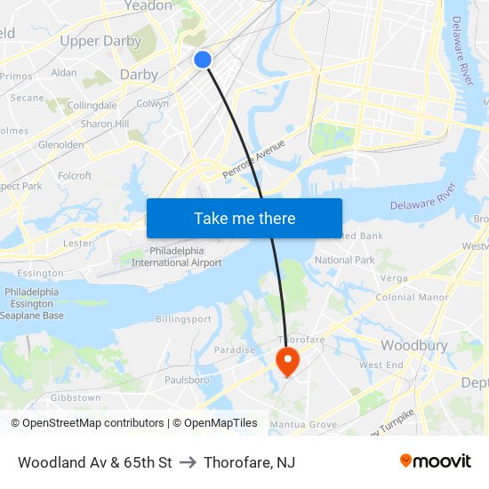 Woodland Av & 65th St to Thorofare, NJ map