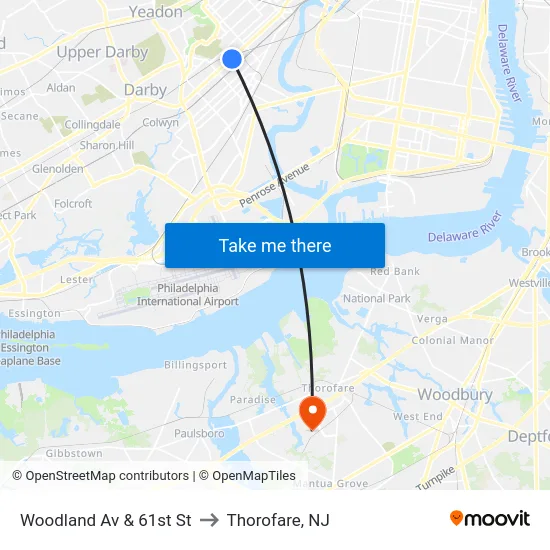 Woodland Av & 61st St to Thorofare, NJ map