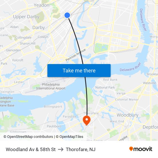 Woodland Av & 58th St to Thorofare, NJ map