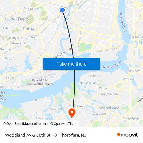 Woodland Av & 50th St to Thorofare, NJ map