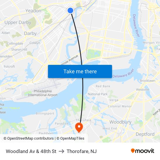 Woodland Av & 48th St to Thorofare, NJ map