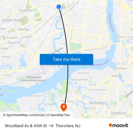 Woodland Av & 45th St to Thorofare, NJ map