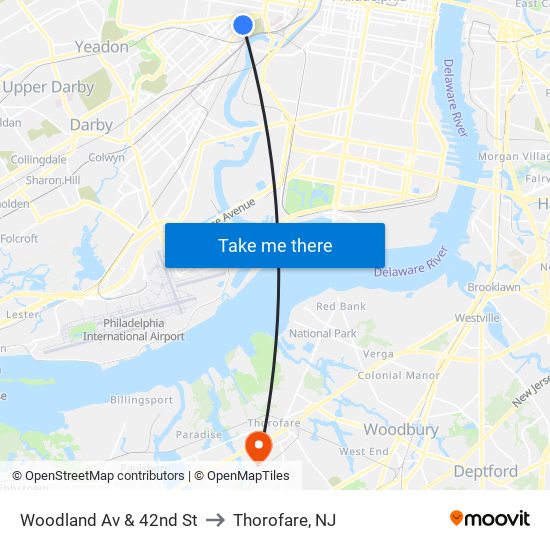 Woodland Av & 42nd St to Thorofare, NJ map