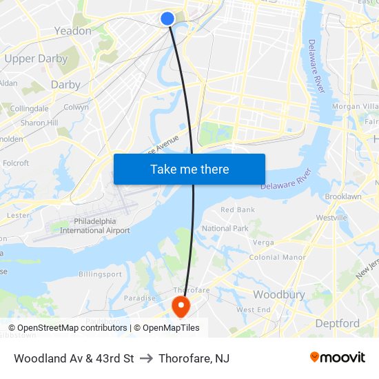 Woodland Av & 43rd St to Thorofare, NJ map