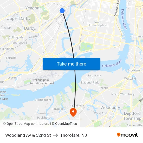 Woodland Av & 52nd St to Thorofare, NJ map