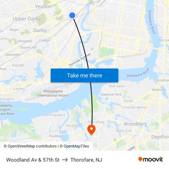 Woodland Av & 57th St to Thorofare, NJ map