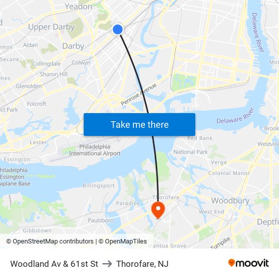 Woodland Av & 61st St to Thorofare, NJ map