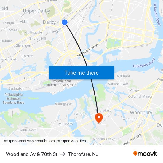 Woodland Av & 70th St to Thorofare, NJ map
