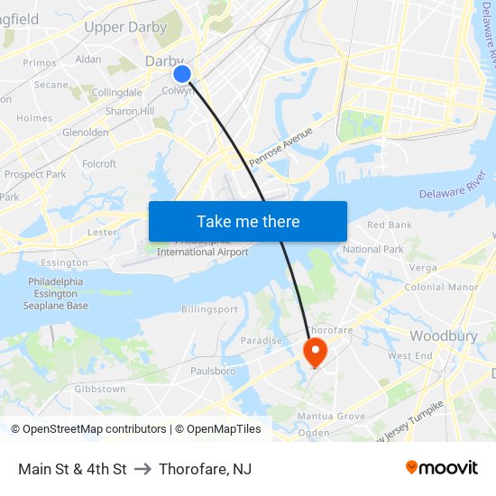 Main St & 4th St to Thorofare, NJ map