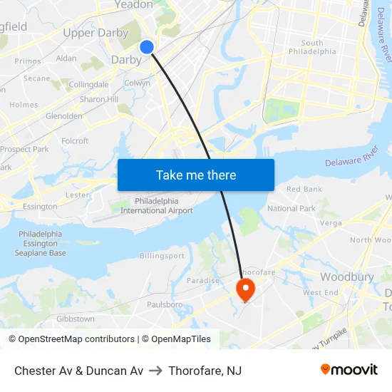 Chester Av & Duncan Av to Thorofare, NJ map
