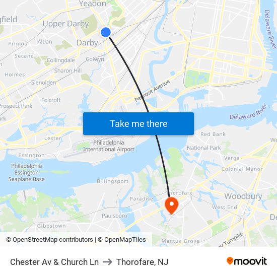 Chester Av & Church Ln to Thorofare, NJ map