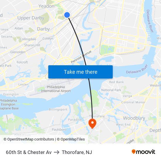 60th St & Chester Av to Thorofare, NJ map