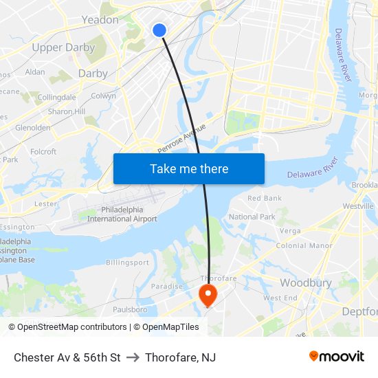 Chester Av & 56th St to Thorofare, NJ map