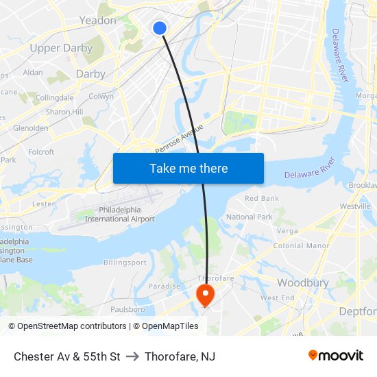 Chester Av & 55th St to Thorofare, NJ map