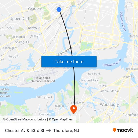 Chester Av & 53rd St to Thorofare, NJ map