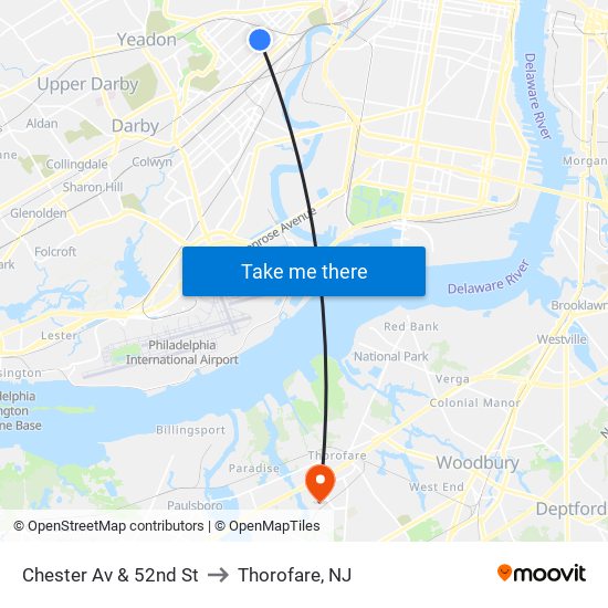 Chester Av & 52nd St to Thorofare, NJ map