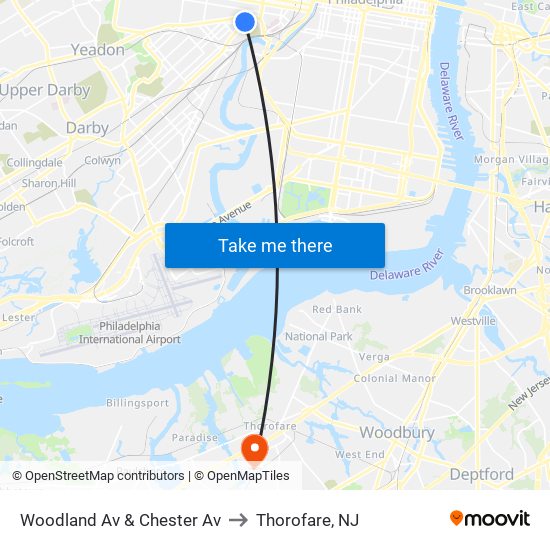 Woodland Av & Chester Av to Thorofare, NJ map