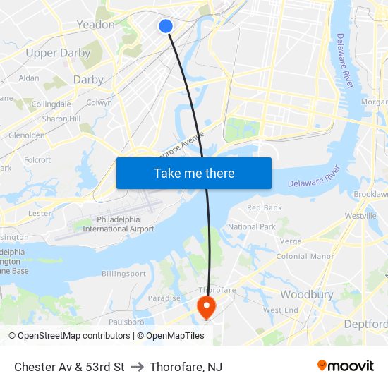 Chester Av & 53rd St to Thorofare, NJ map
