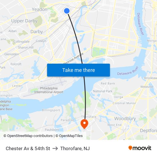 Chester Av & 54th St to Thorofare, NJ map