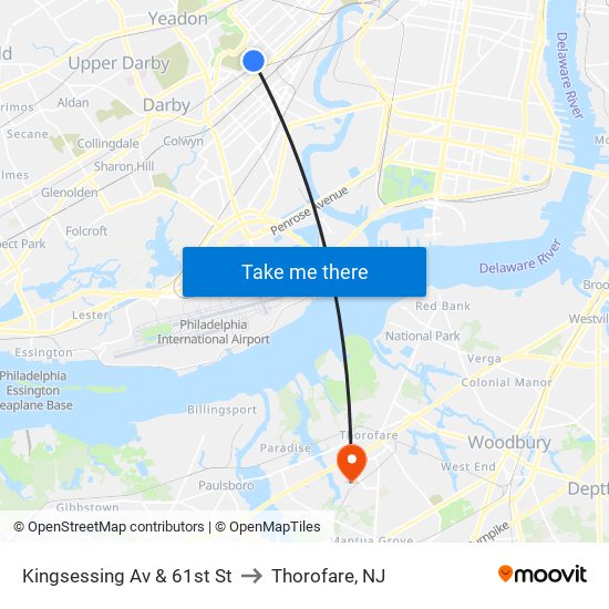 Kingsessing Av & 61st St to Thorofare, NJ map