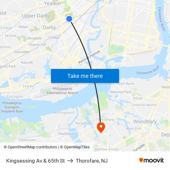 Kingsessing Av & 65th St to Thorofare, NJ map