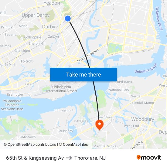 65th St & Kingsessing Av to Thorofare, NJ map