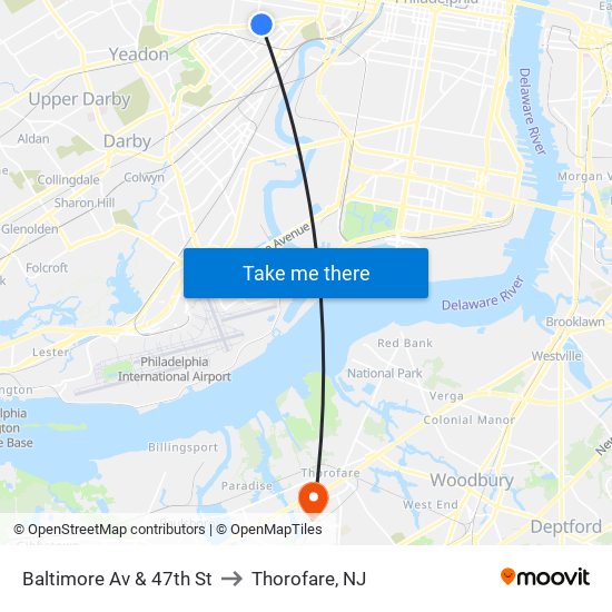 Baltimore Av & 47th St to Thorofare, NJ map