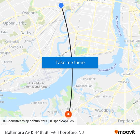 Baltimore Av & 44th St to Thorofare, NJ map
