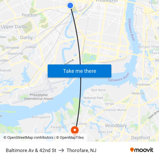 Baltimore Av & 42nd St to Thorofare, NJ map