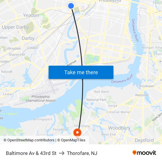 Baltimore Av & 43rd St to Thorofare, NJ map