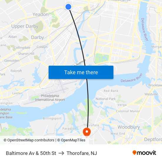 Baltimore Av & 50th St to Thorofare, NJ map