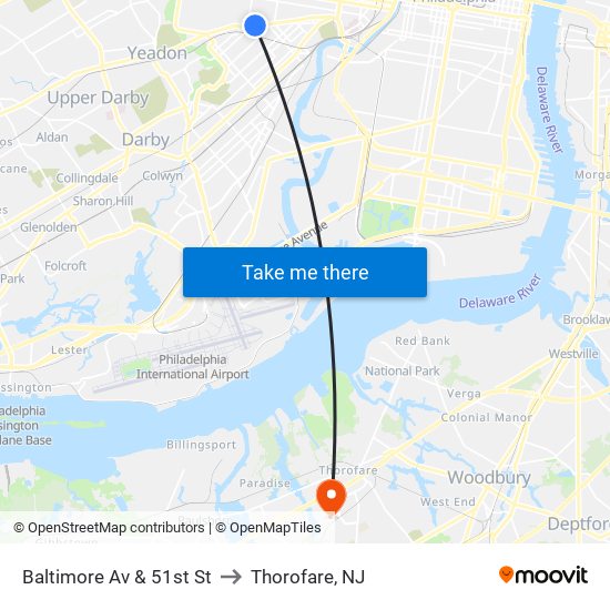 Baltimore Av & 51st St to Thorofare, NJ map