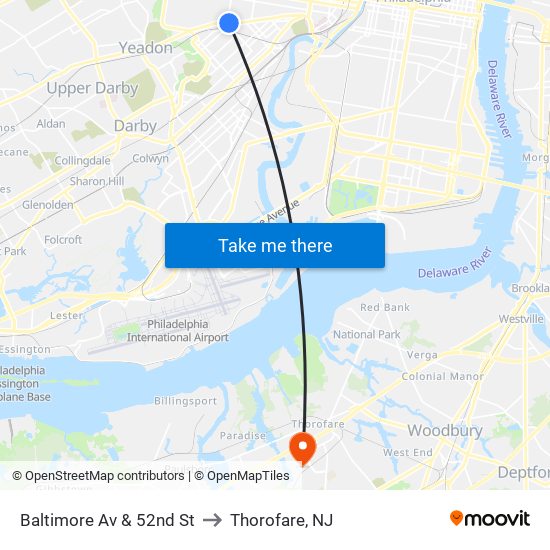 Baltimore Av & 52nd St to Thorofare, NJ map