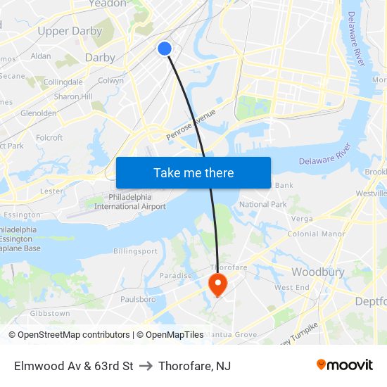 Elmwood Av & 63rd St to Thorofare, NJ map