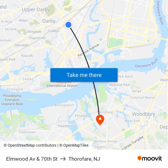 Elmwood Av & 70th St to Thorofare, NJ map