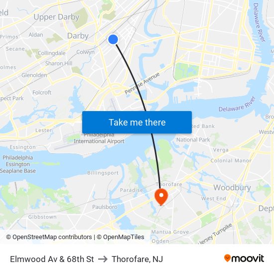 Elmwood Av & 68th St to Thorofare, NJ map