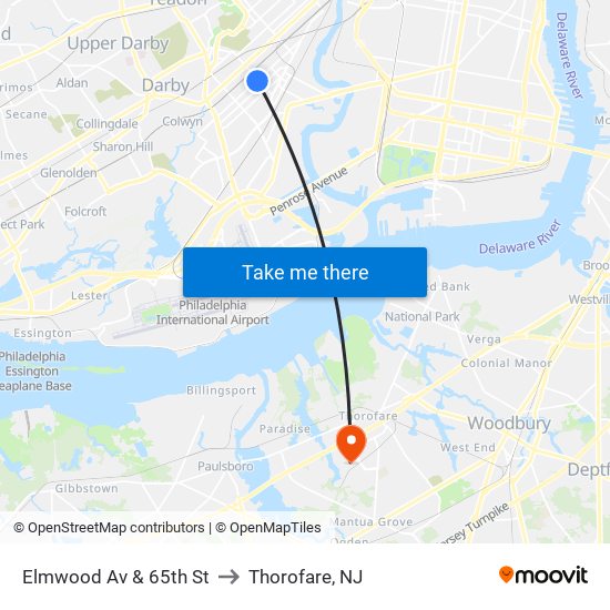 Elmwood Av & 65th St to Thorofare, NJ map