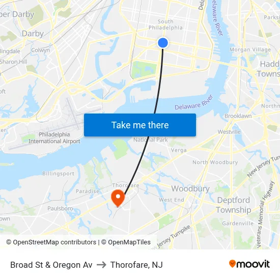 Broad St & Oregon Av to Thorofare, NJ map