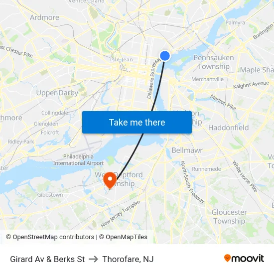 Girard Av & Berks St to Thorofare, NJ map