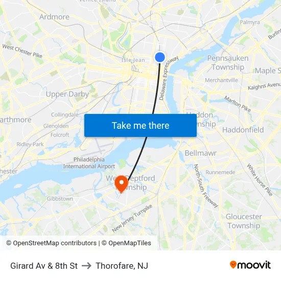 Girard Av & 8th St to Thorofare, NJ map