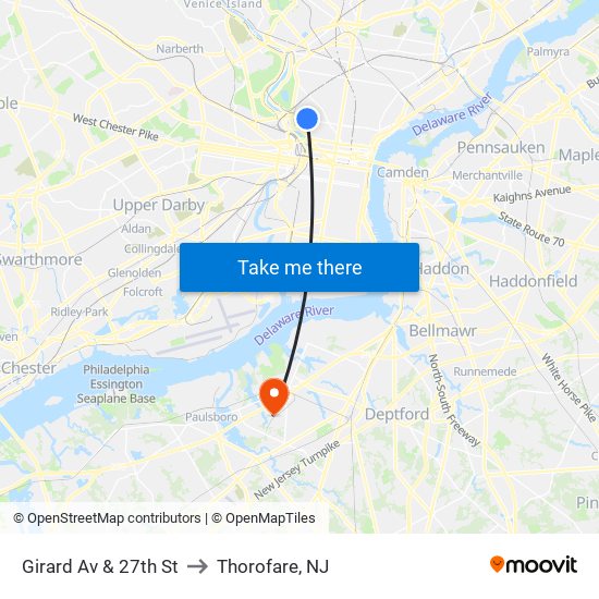 Girard Av & 27th St to Thorofare, NJ map
