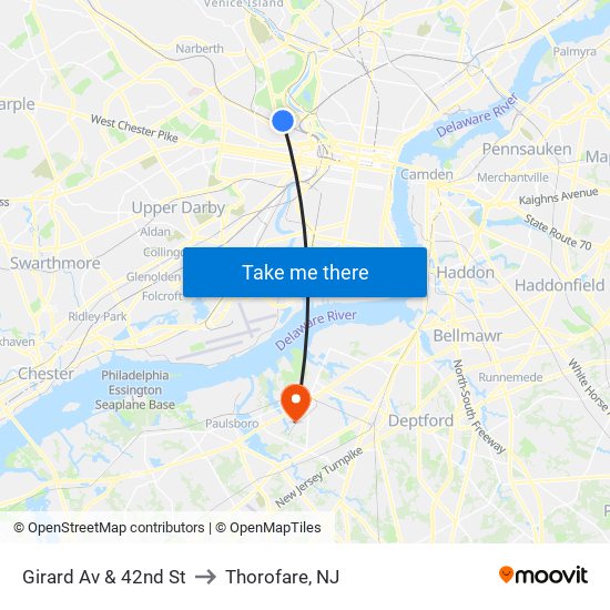 Girard Av & 42nd St to Thorofare, NJ map