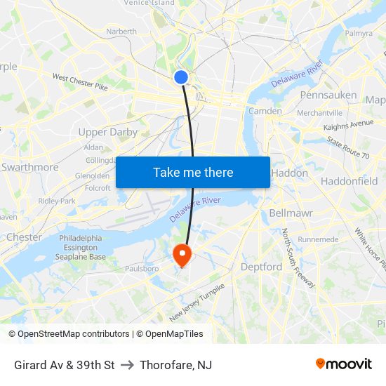 Girard Av & 39th St to Thorofare, NJ map