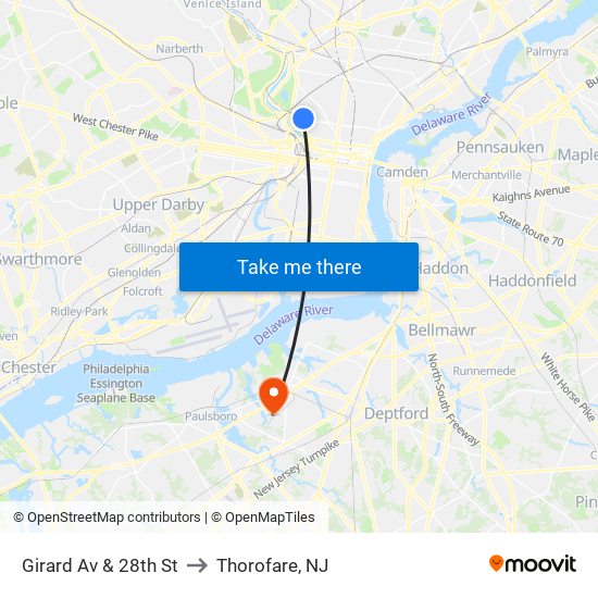 Girard Av & 28th St to Thorofare, NJ map