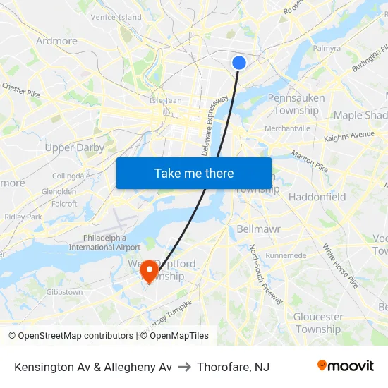 Kensington Av & Allegheny Av to Thorofare, NJ map