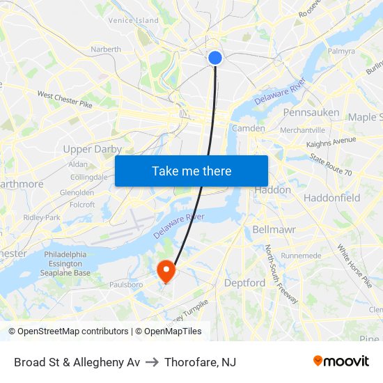 Broad St & Allegheny Av to Thorofare, NJ map