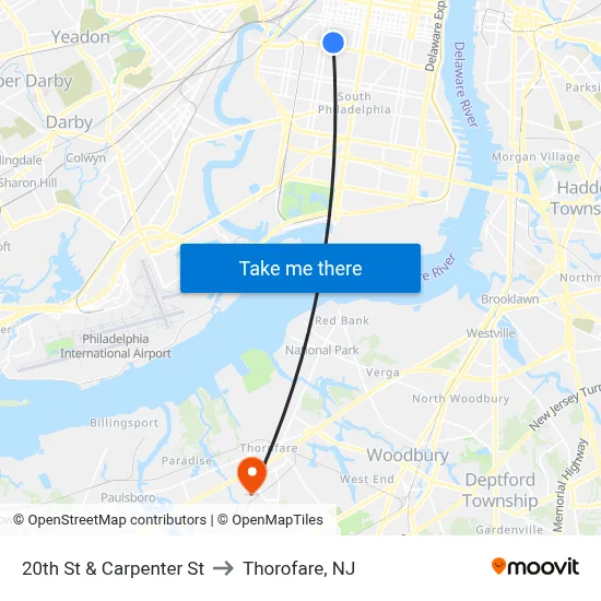 20th St & Carpenter St to Thorofare, NJ map